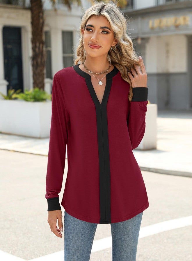 Micoson Womens Blouses Dressy Casual Loose Fit Long Sleeve Shirts Pleated V Neck Classic Tops Fall Flowy Tunic Black and Red Blocks M - Image 3